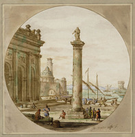 Q 080
<br/>
Mediterrane haven met een zuil
<br/>
<em>Ulft, Jacob van der (1621-1689)</em>